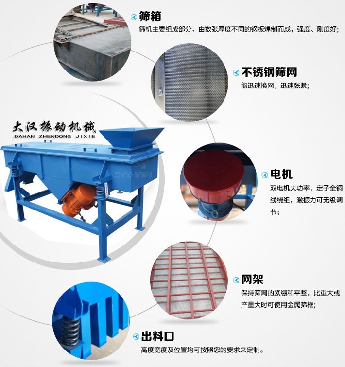 525型直線振動篩結構細節：篩箱：篩機主要組成部分，由數張厚度不同的鋼板焊制而成，強度，剛度好。不銹鋼篩網：能速換網，迅速張緊。電機：雙電機大功率，定子全銅線繞組，激振力可無級調節。網架：保持篩網的緊繃和平整，比重大或產量大時可使用金屬篩框。出料口：高度寬度及位置均可按照您的要求定制。